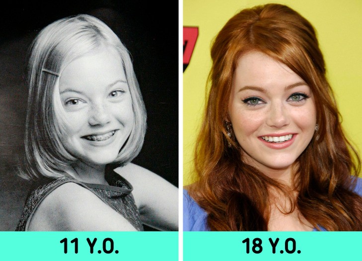 11 letnia Emma stone z lewej, z prawej 18 letnia Emma Stone